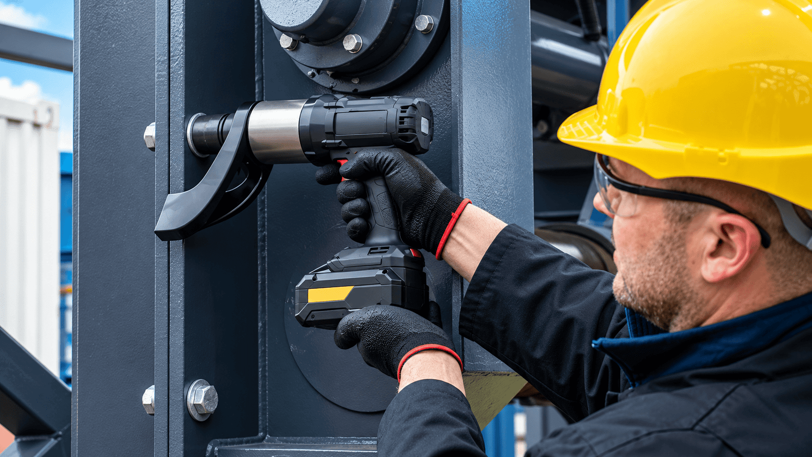 Industrial Worker Tightening Steel Bolt