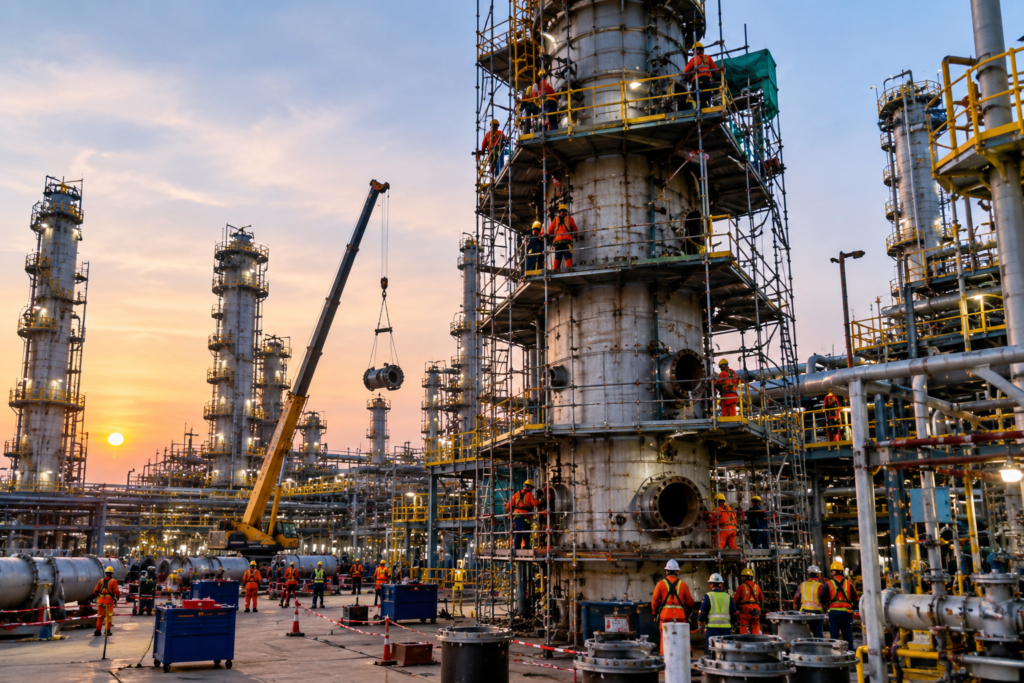 Refinery Maintenance at Sunset